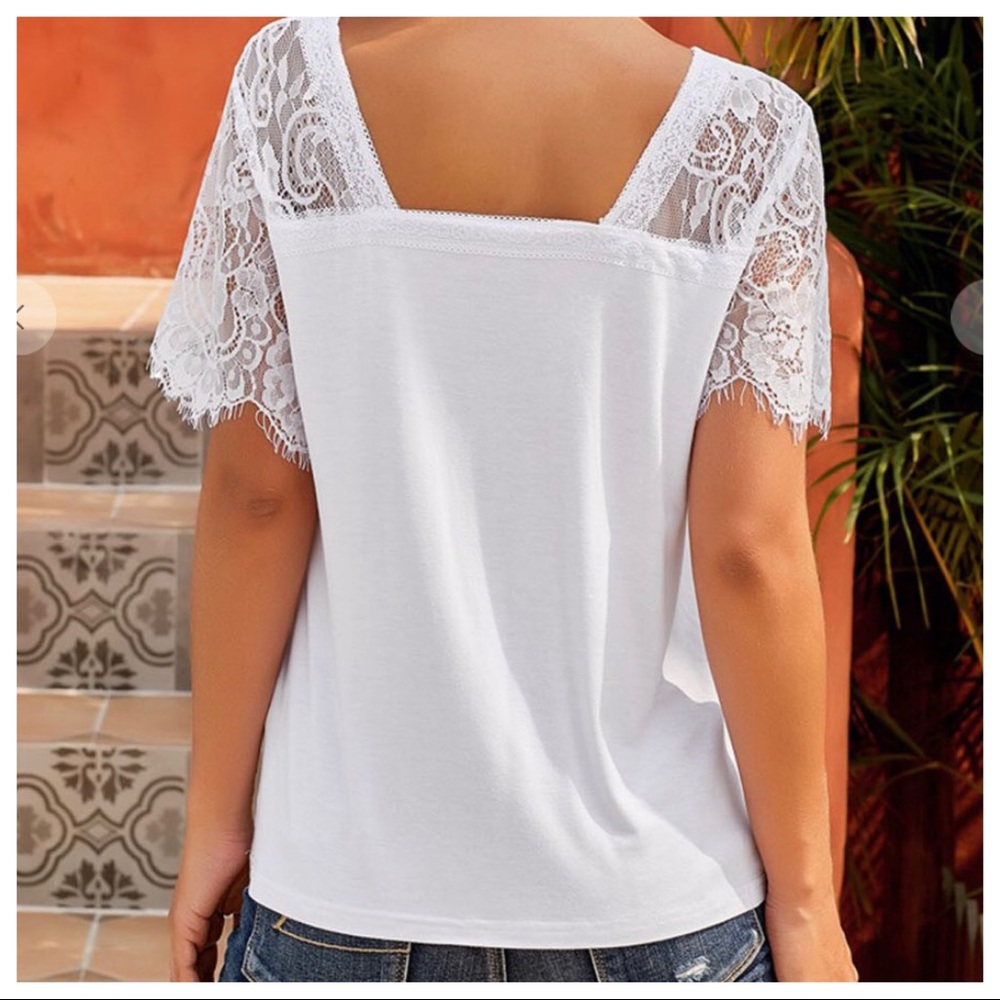 White sweet side Lace deep V neck top - Picture 4 of 5